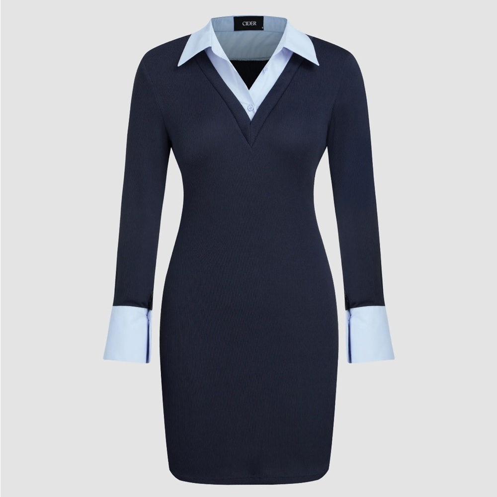 Cider Navy and Light Blue Long Sleeve Dress